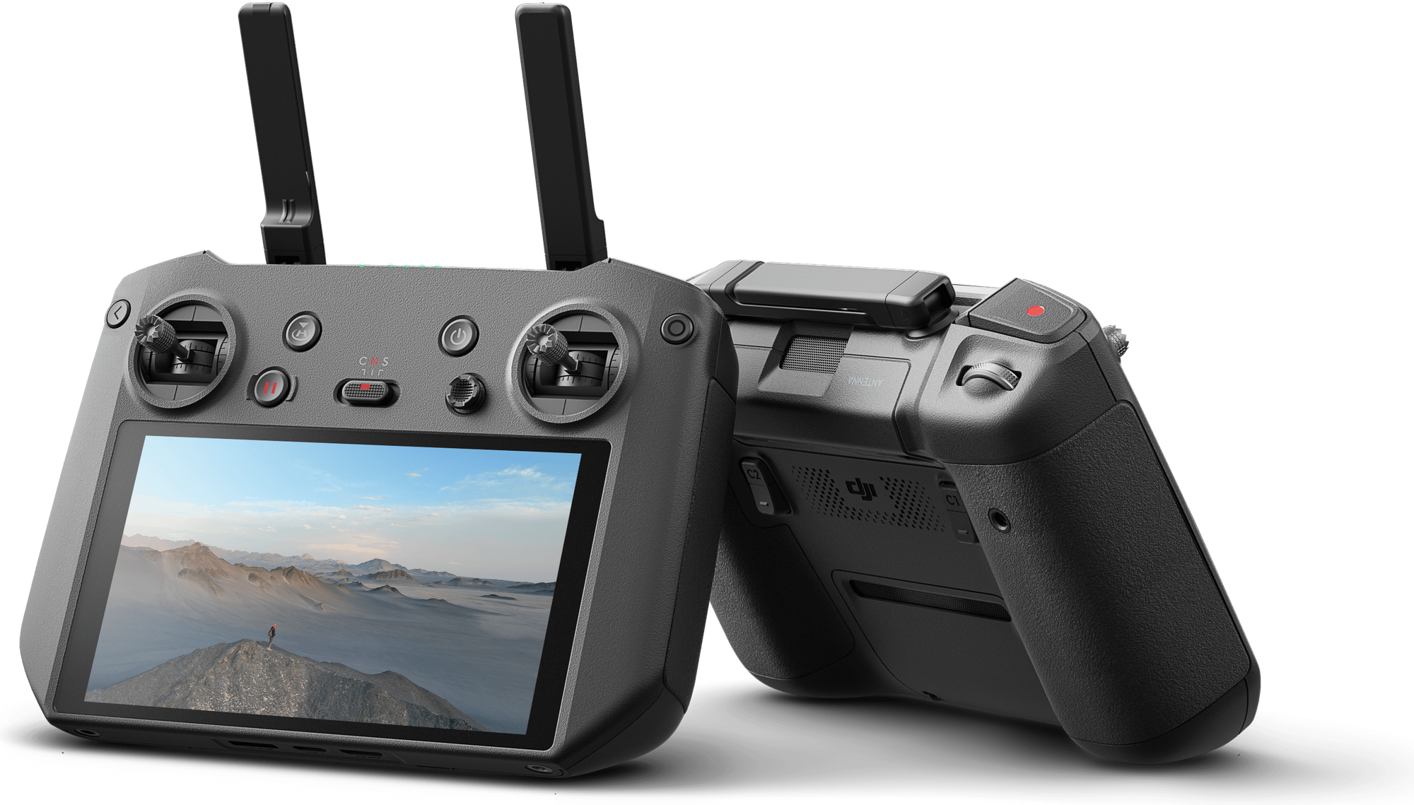DJI RC Pro style remote controller with a built-in screen, front and back views