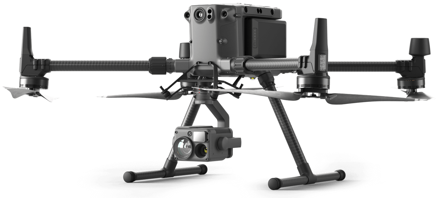 Large enterprise drone with a thermal and zoom camera payload hanging underneath